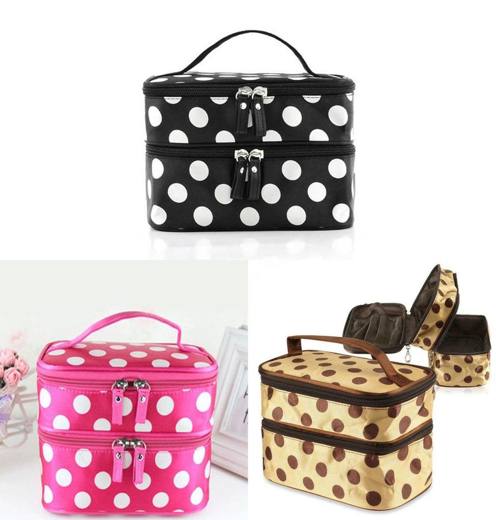 Borsa Trucco Trendy a Doppio Strato Spaziosa Design a Pois Bianchi e Neri Per un Facile Stoccaggio