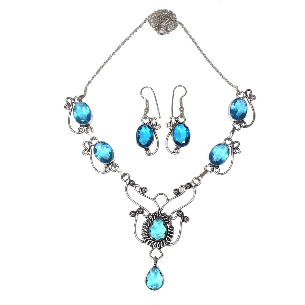 Swiss Blue Quartz Gemstone Jewelry Necklace & Earrings 18-20''