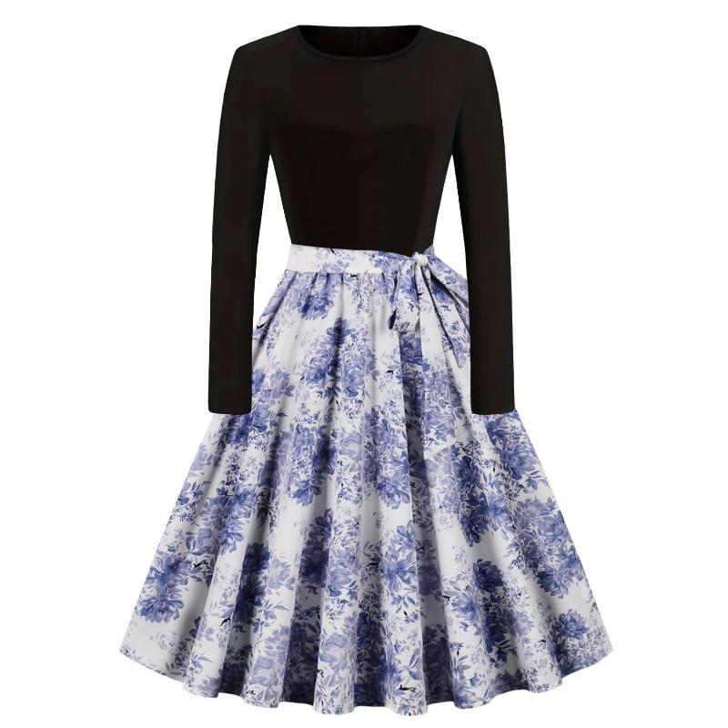 Autumn and Winter New Retro Women's Clothing Round Neck Long-sleeved Black Spelling Print Pendulum Dress