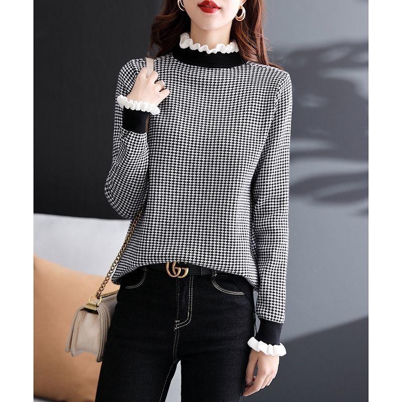 Double-sided shirt women s lazy wind loose thousand bird grid fungus edge pullover sweater top women S 40-47.5kg