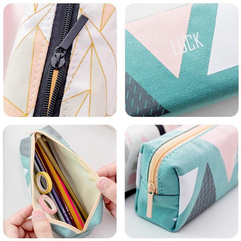 Stationery Canvas Pencil Case School Pencils Bag Simple Striped Grid Office Supplies Students Writing Stationery for Girls Gift