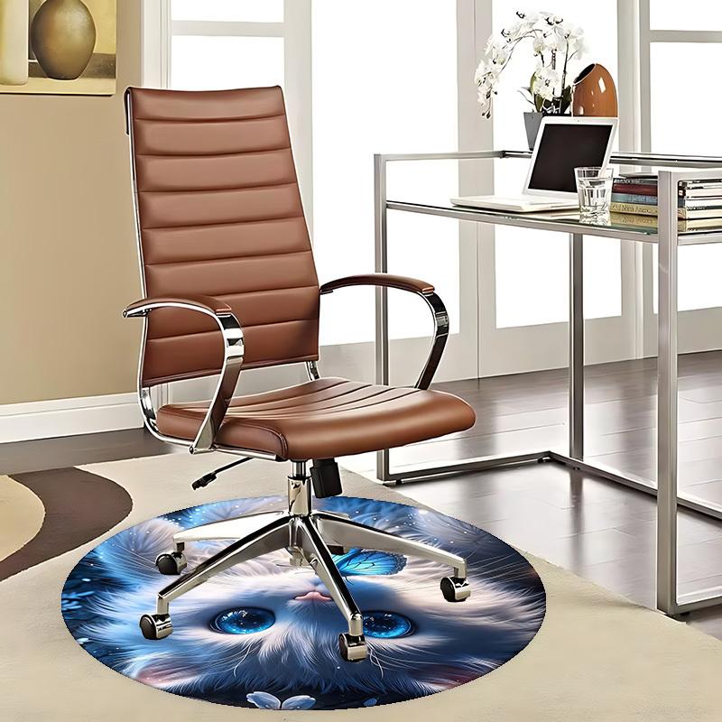 1 Stück Anime-Design Runder Teppich Blaue Schmetterlinge auf Weißer Katze mit Großen Augen, Bürostuhlmatte, Rutschfester Teppich für Heimdekoration, Alle Jahreszeiten