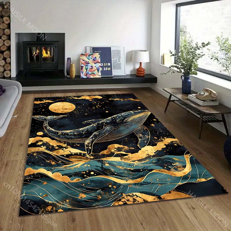 1PC Golden Whale and Moon Print Carpet Rug for Living Room Bedroom Sofa Doormat Home Decor Non-slip Floor Mat