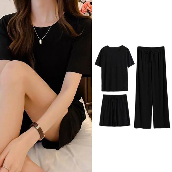 3 Teile/satz Frauen Sommer Pyjamas Set O Hals Kurzarm T-shirt Elastische Taille Shorts Breite Bein Falten Hosen Dame Loungewear Nachtwäsche Set Homewear Top