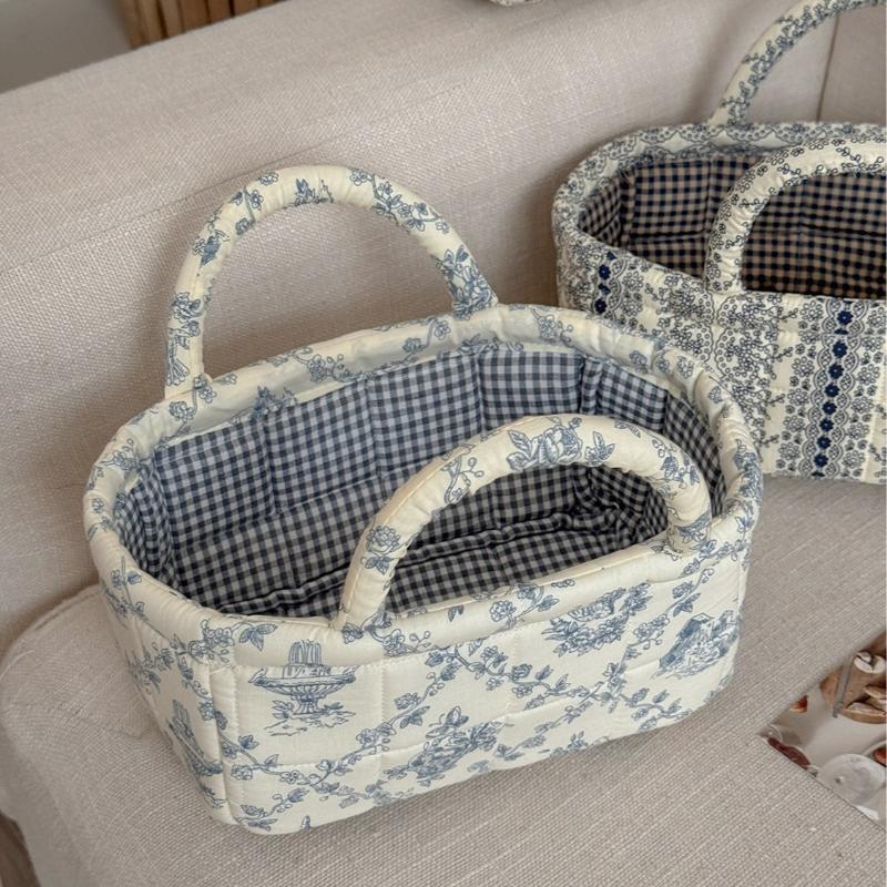 Floral Vintage Organizer Basket With Handle Portable Home Storage Basket For Living Room Kitchen Countertop