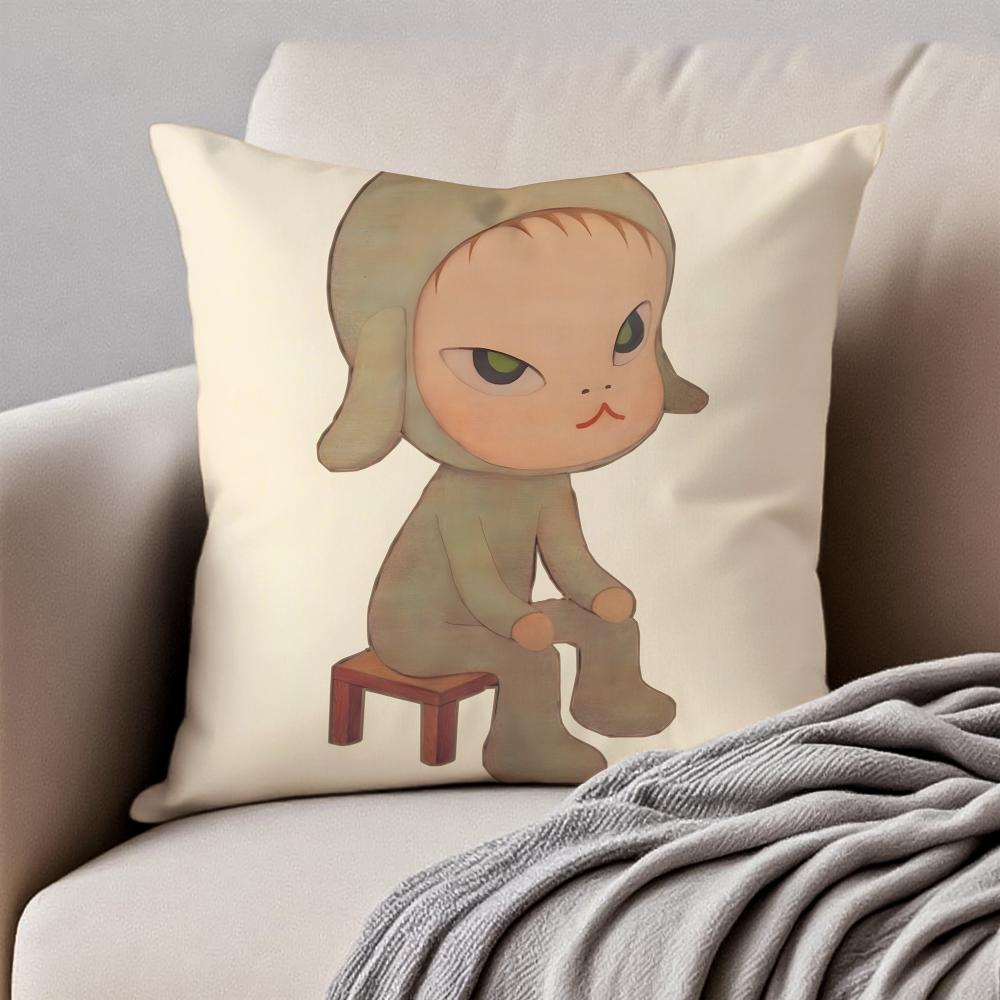 Whimsical Cute Japanese Art YYoshitomo Nara Cushion Cover Pillowcase Antidustmite Invisible Zipper Short Plush Sofa Cushion
