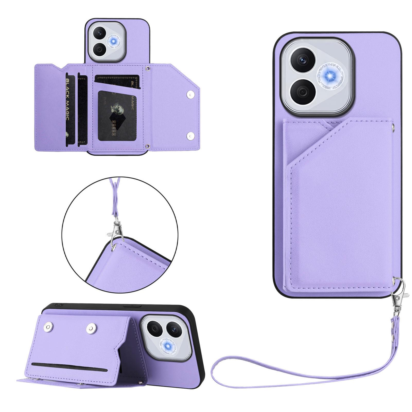 

For Honor X70i/Honor 400 Lite Case Card Holder Kickstand Skin-Touch Phone Cover with Wrist Strap Light Purple