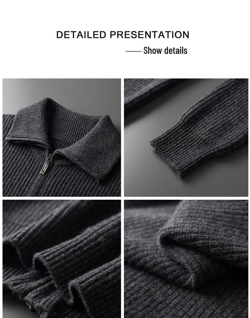Men's Pure Wool Zipper Cardigan - Autumn/Winter, Thickened Knitwear with Shirt Collar