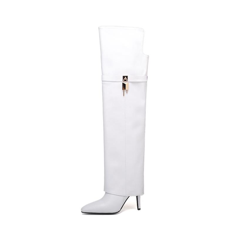 Krazing Pot Cow Split Skin Microfiber Pointed Toe Thin High Heels Size 46 Size 45 Slip On Plus Size Women Keep Warm Over-the-knee Boots