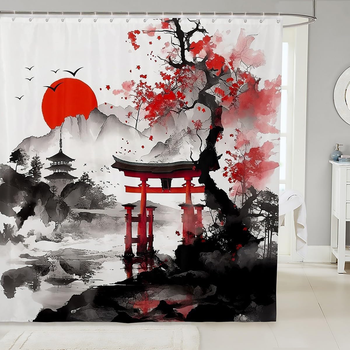 

Japanese-Style Shower Curtain For Bathroom Decor Kids Cherry Blossoms Building Bath Curtain For Boys Girls Sunset Fuji Mountain W60H190(CM)-1 Pcs