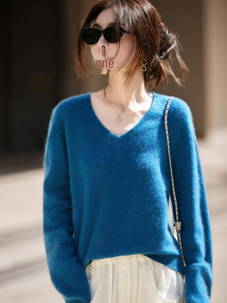 Women's V-neck Cashmere Wool Blend Long Sleeve Knit Pullover Sweater