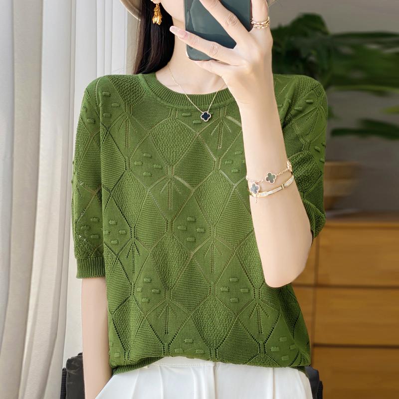 Women Knit T-shirt Summer Knitted Shirt Short Sleeve Tees O-neck Pullover Knit Tops Female