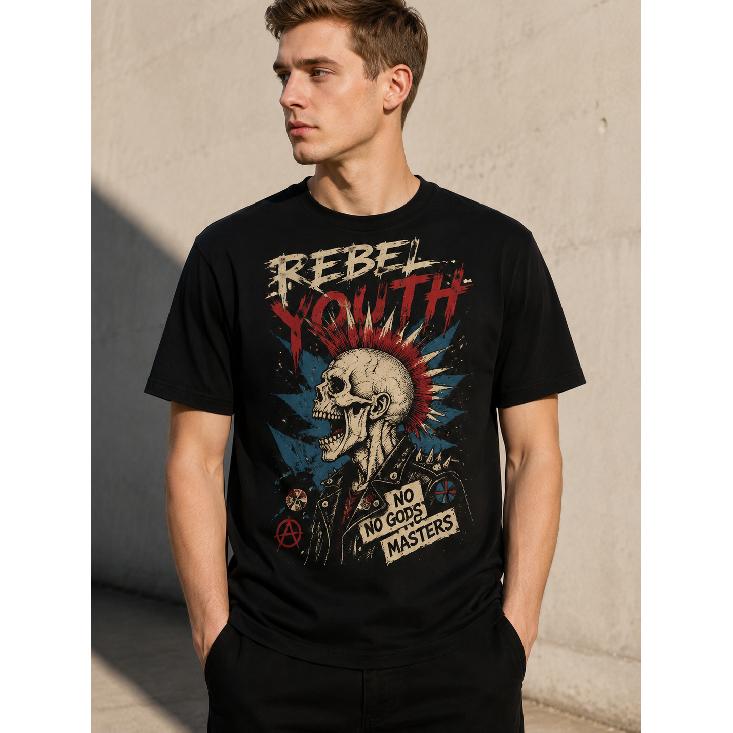Men s Punk Rock Graphic T-Shirt, Short Sleeve Crew Neck, Soft Cotton Feel, Skull & Mohawk Design with Rebel Youth Text, Edgy Streetwear for S чёрный