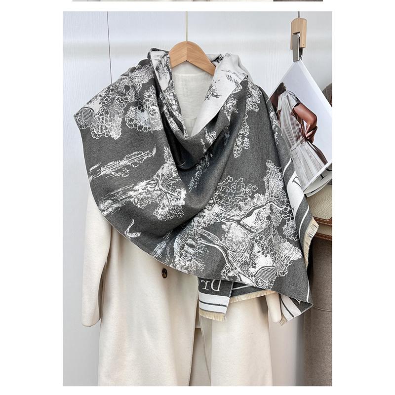 180*66cm Damski Luksusowy Szal Szalik Imitacja Kaszmiru Atramentowy Styl Chiński Jesień Zima Ciepłe Dodatki Odzieżowe
