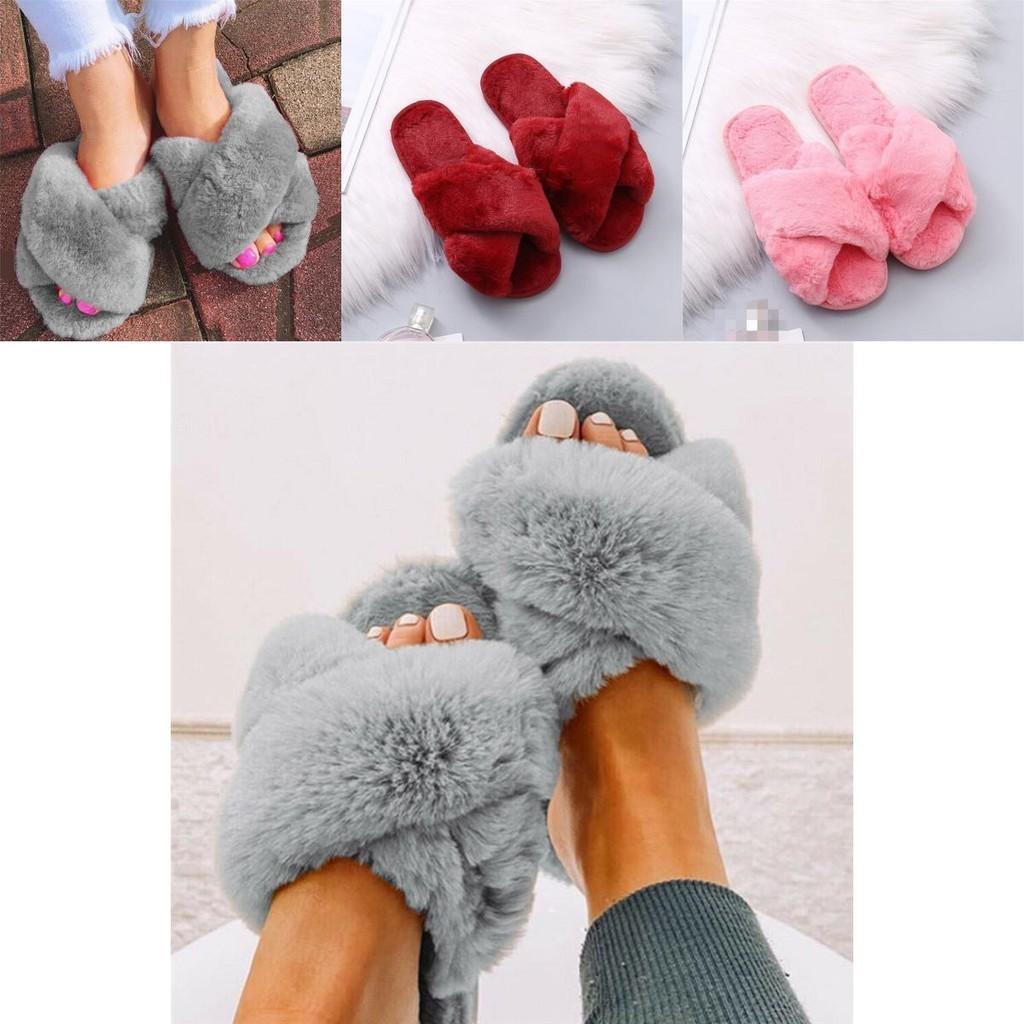 Weiche und bequeme Damen-Fell-Sandalen Offene Zehenpartie Pelz-Schieber Hellrosa