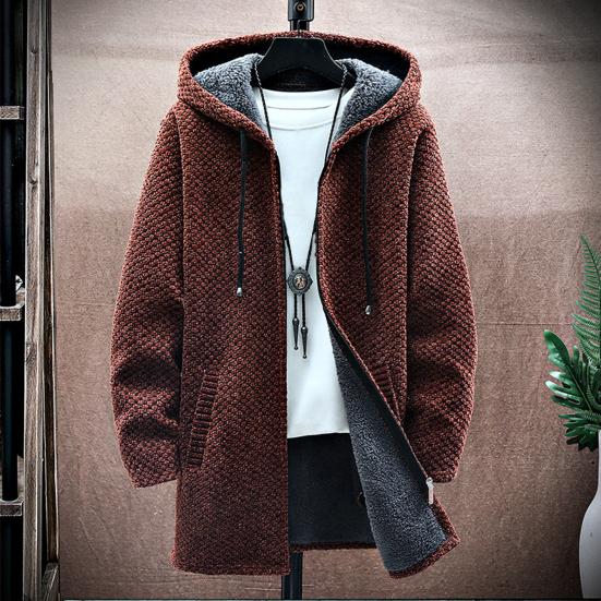 Suéter con capucha Otoño Invierno Espesar Manga Larga Cordón Forro de Felpa Longitud Media Chaqueta de Punto Ropa de Calle