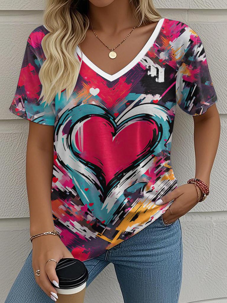 Letní gradientní 3D umělecký květinový potisk grafická halenka dámská s V-výstřihem módní retro oblečení volné oversized tričko