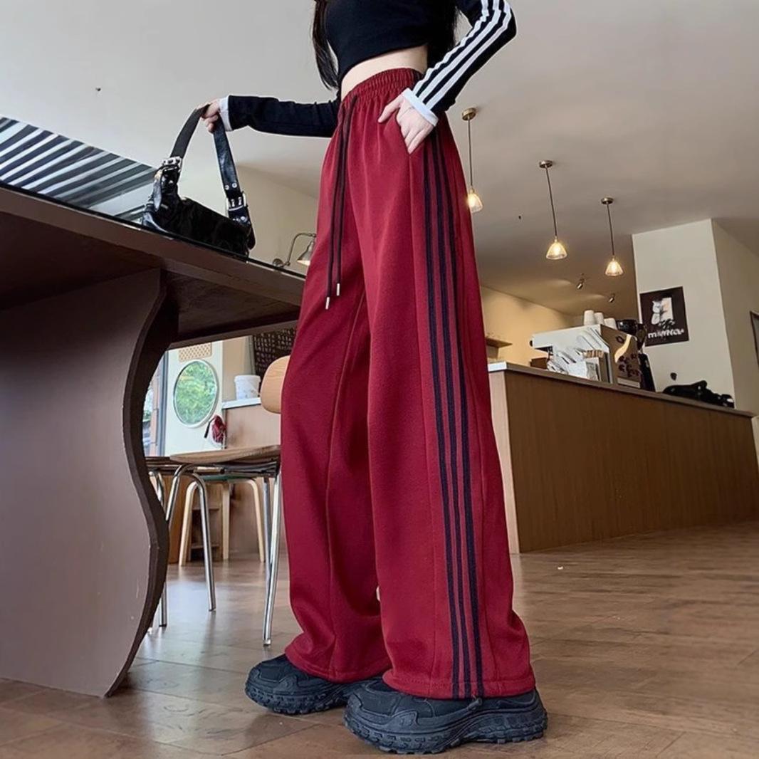 

Women s American-Style High-Waisted Wide-Leg Striped Sweatpants for Spring/Autumn M (Recommended for 96-110 lbs)