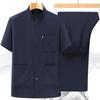 Papa Été Cardigan Fin en Soie Glacée Chemise Manches Courtes pour Homme Costume Multi-poches Grand-père Costume Deux Pièces