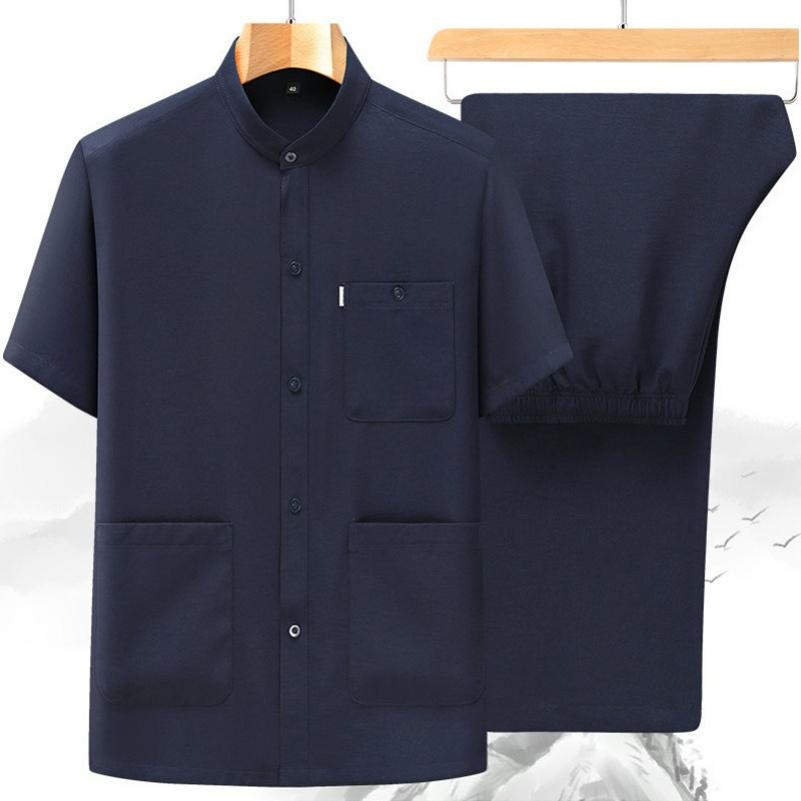 Papa Été Cardigan Fin en Soie Glacée Chemise Manches Courtes pour Homme Costume Multi-poches Grand-père Costume Deux Pièces