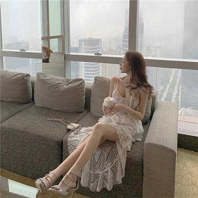Women's Summer One-button Irregular Lace See-through Halter Dresses