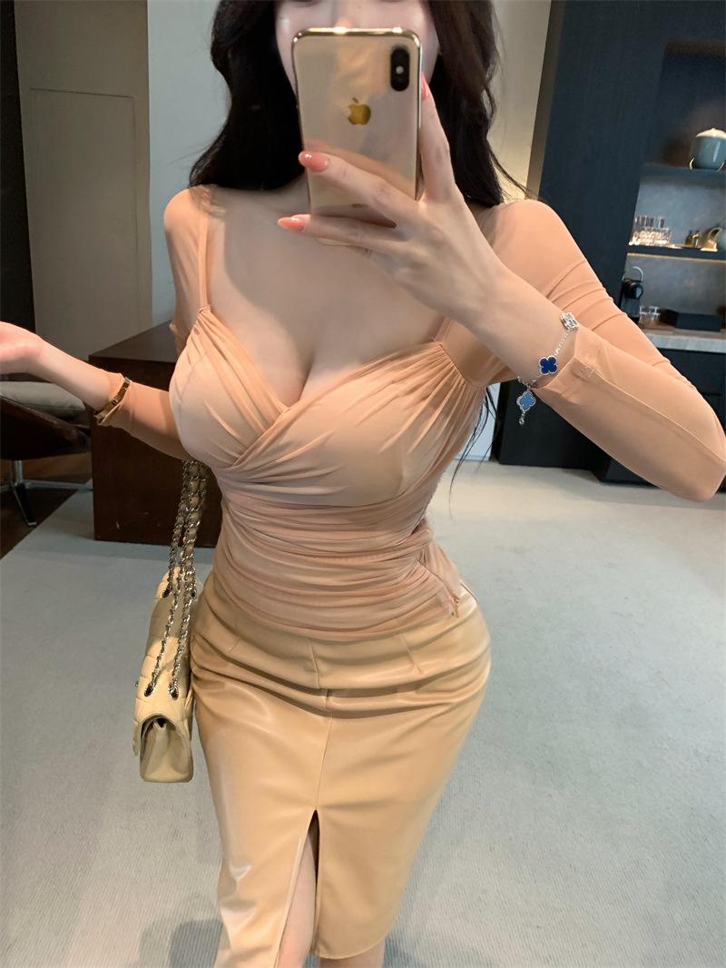 2025 Pleated French Design V-Neck Slimming Long Sleeve Women s Top Small розовый
