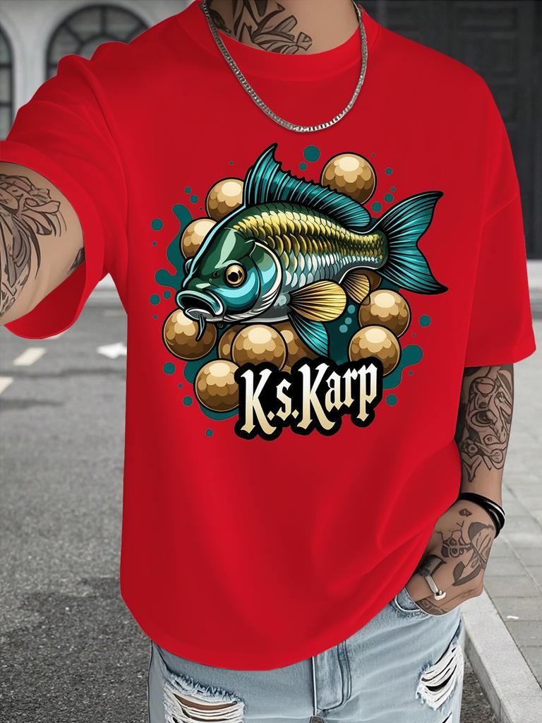 Unisexs Cyan Oversized T Shirt Ks Karp Carp Fish Golden Bubble Graphic Crew Neck Short Sleeve Fishing Lover Casual Summer Male Tops
