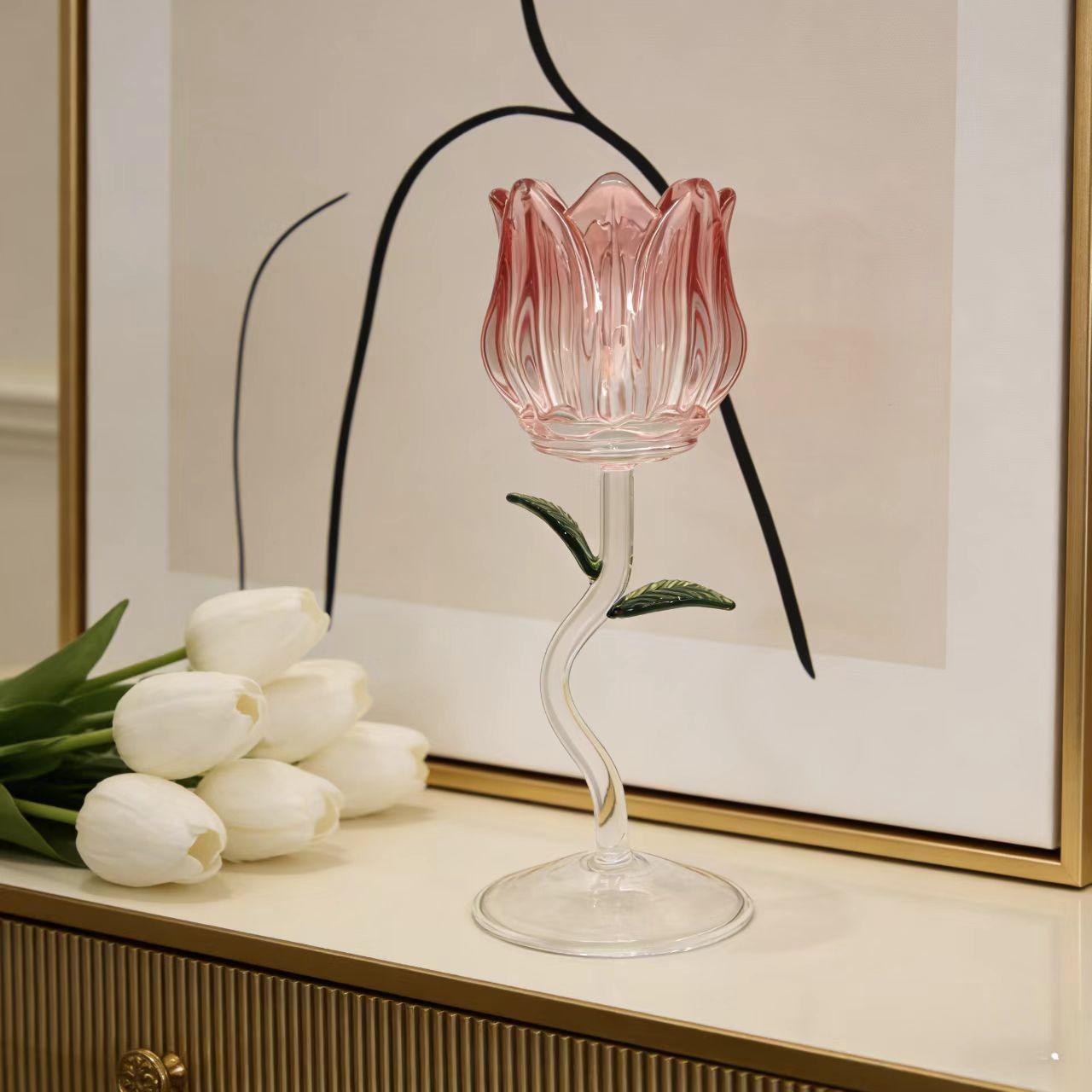 Vintage Pink Tulip Glass Candle Holder Handmade Aesthetic Flower Tealight Stand for Valentine s Day & Christmas Home Decor (Pink,Medium)