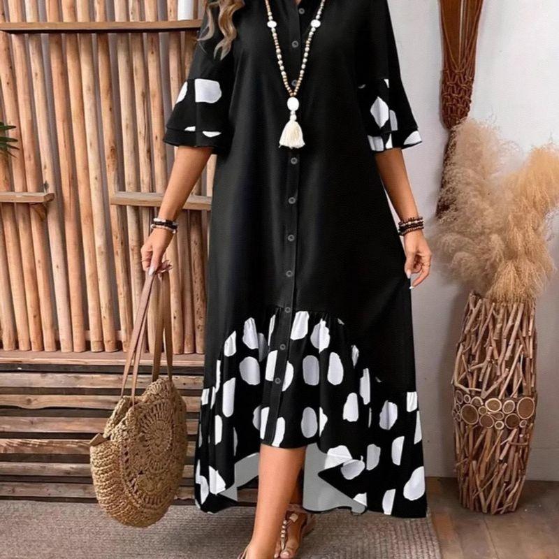 Patchwork Dress European and American 2025 Summer New Women Fashion Casual Patchwork Polka Dot Long Shirt Dress