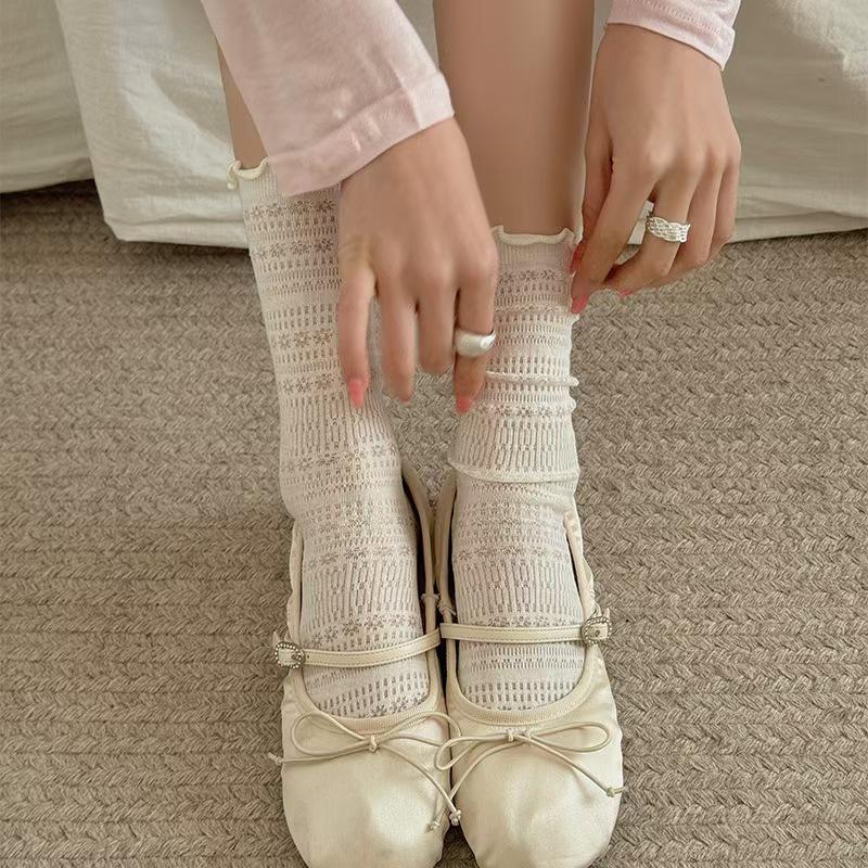 Women's Lace Mesh Cotton Mid-Calf Socks - Breathable, Thin, Trendy Spring/Summer Arrival