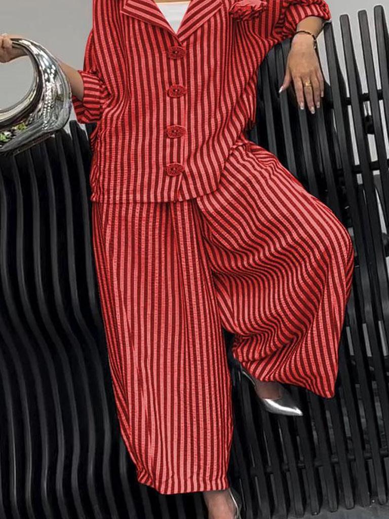 New Autumn Commute Style Floral Striped Loose Blazer Casual Suit Set