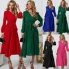 Elegant Women's Dress Solid Color Long Sleeve Slim Fit Pleated Belt V Neck Spring Autumn Temperament Dresses