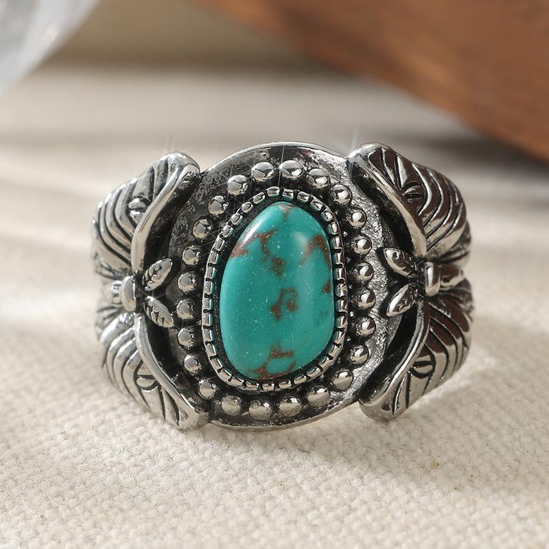 Vintage Inlaid Imitation Turquoise Women's Ring Ethnic CopperColor Hand Carving Bee Daily Wear Party Jewelry Anniversary Gift