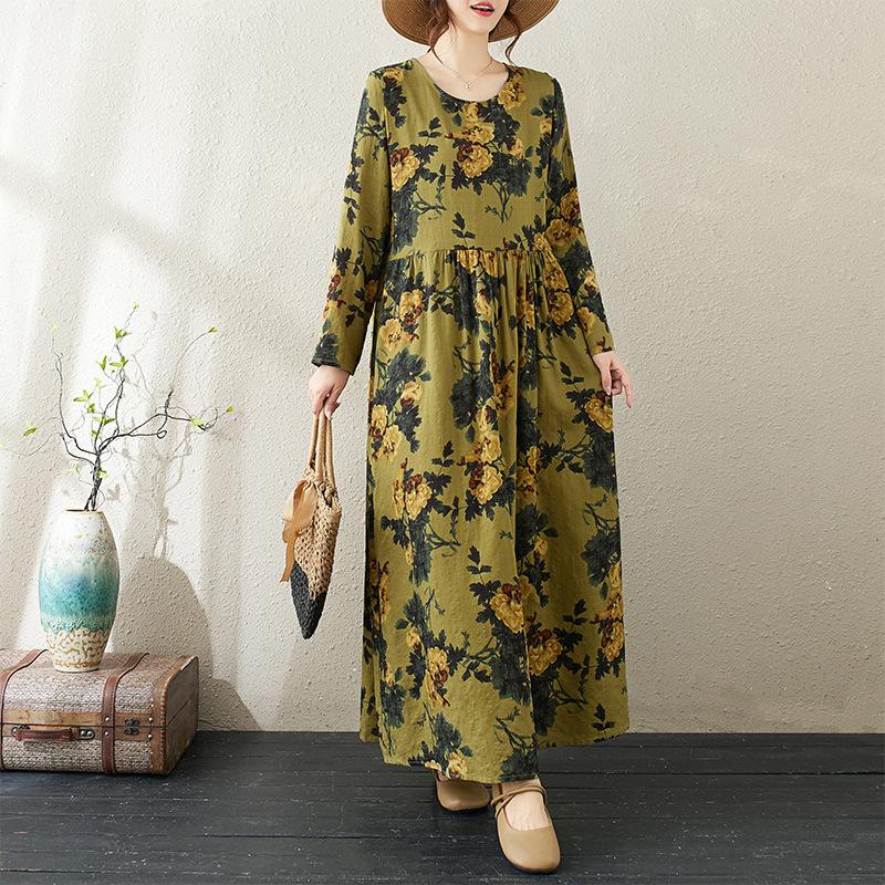 Abito Artistico Retro in Cotone e Lino Autunno Inizio Stile Vacanza Lento Turistico Girocollo Lunghezza Media per Donne Vestiti