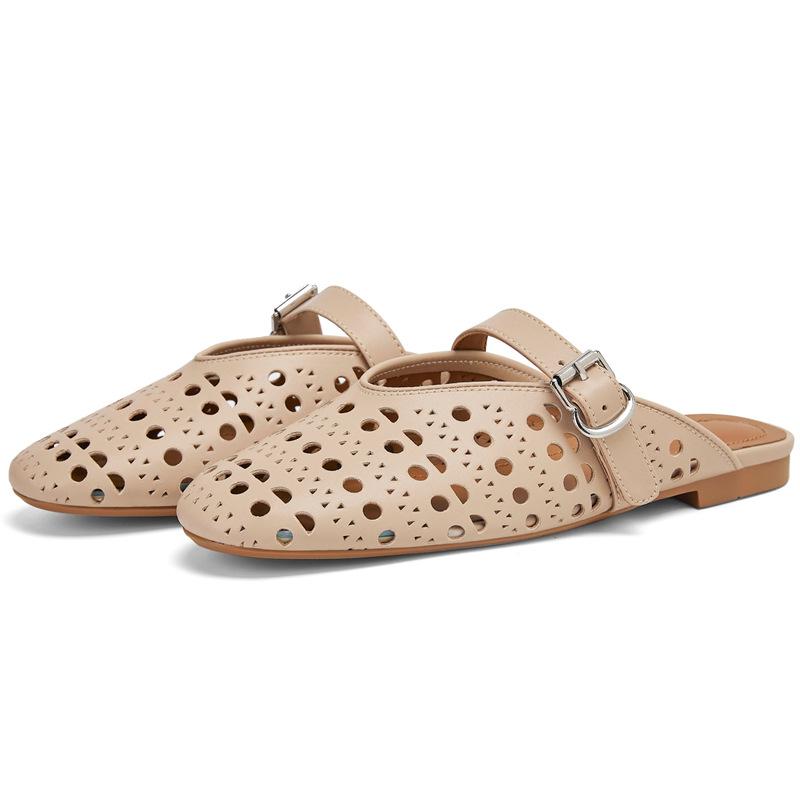 Fashion Summer Belt Buckle Hollow Out Flat Bottom Slippers Comfortable Women Low Heel Commuting Student Shoes Geometric Pattern Sandals