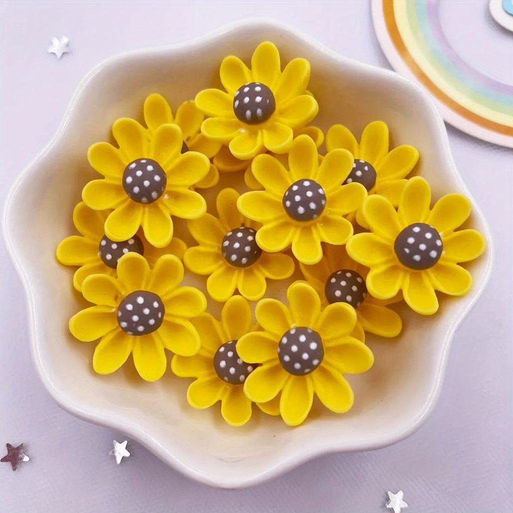 10pcs Vibrant Yellow & Black Resin Flower Embellishments, 20mm - Perfect for DIY Crafts & Garden Decor with Flat Back Stones