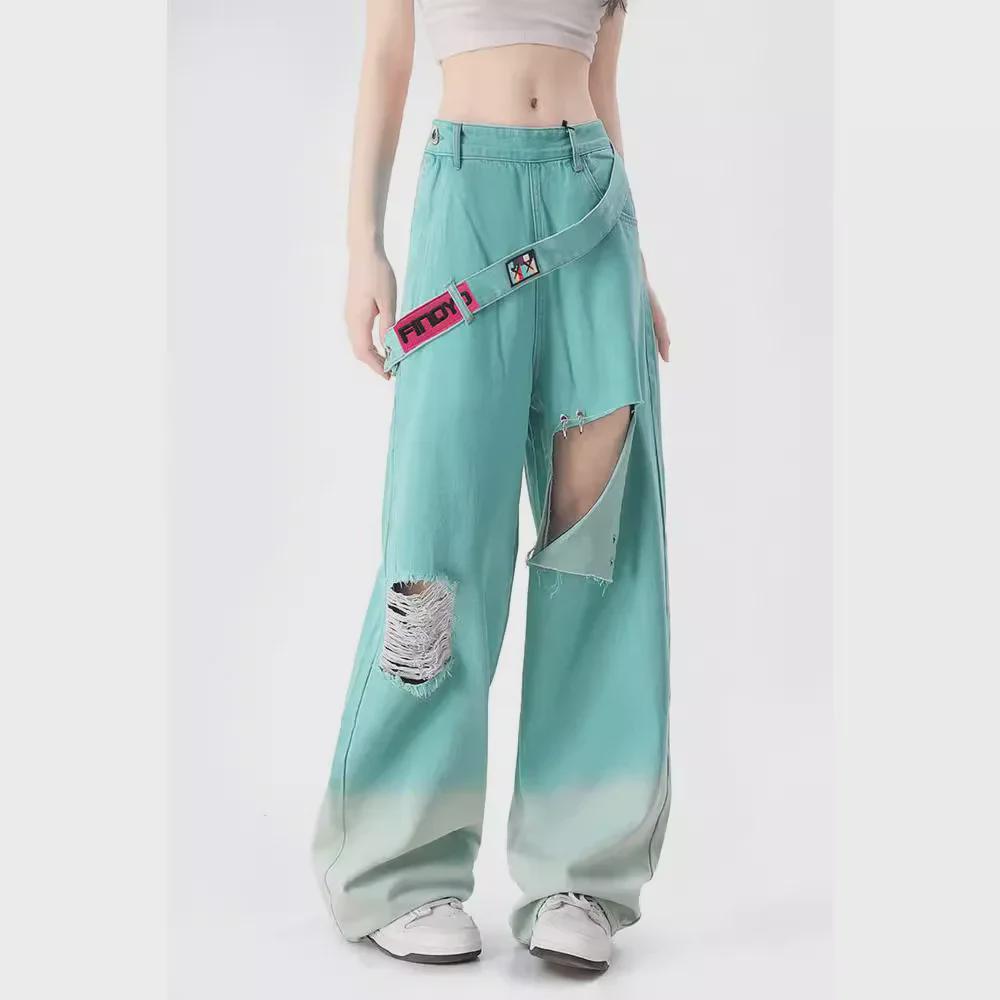 Damen Sommer Dünne Mintgrüne Mambo Retro Weitbeinige Zerrissene Jeans