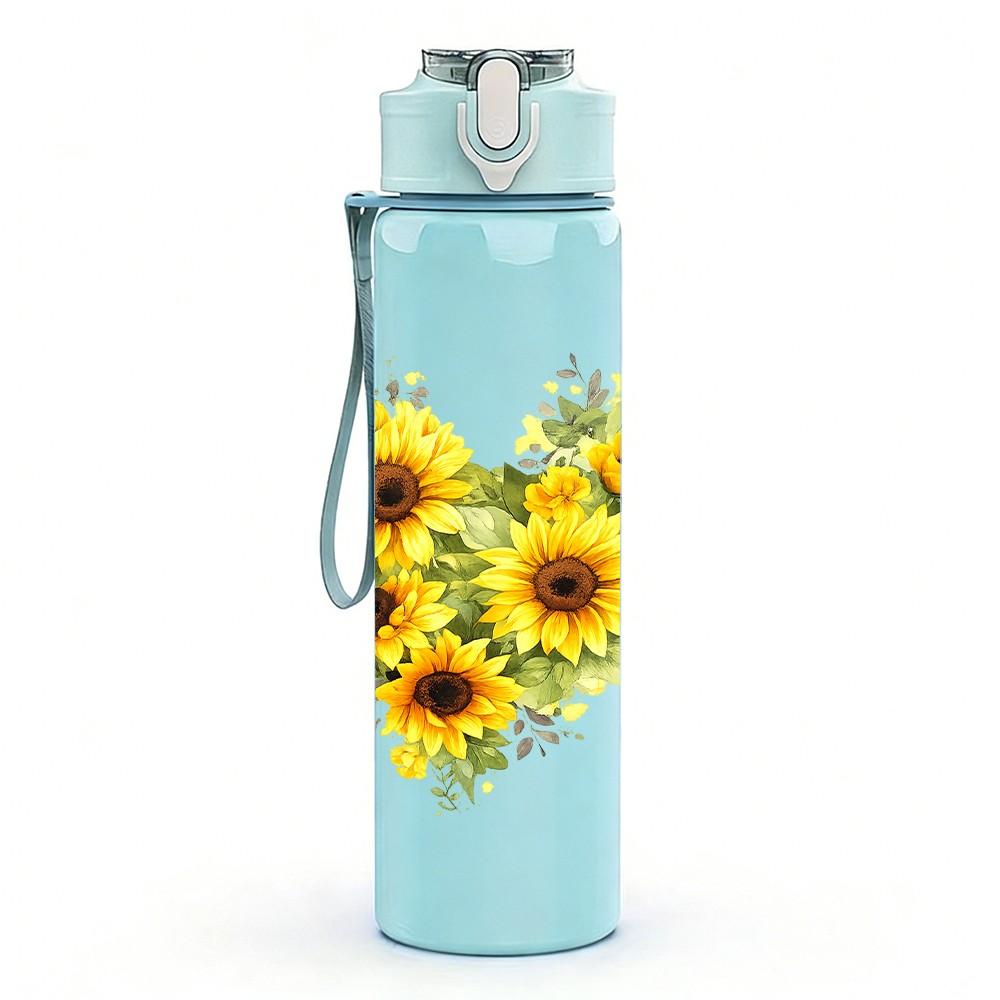 1PC Sunflower Yellow Flower Heart Print 750ml Color Plastic Sports Water Bottle Leakproof Flip Straw Lid Suitable for Sports Office Home Use