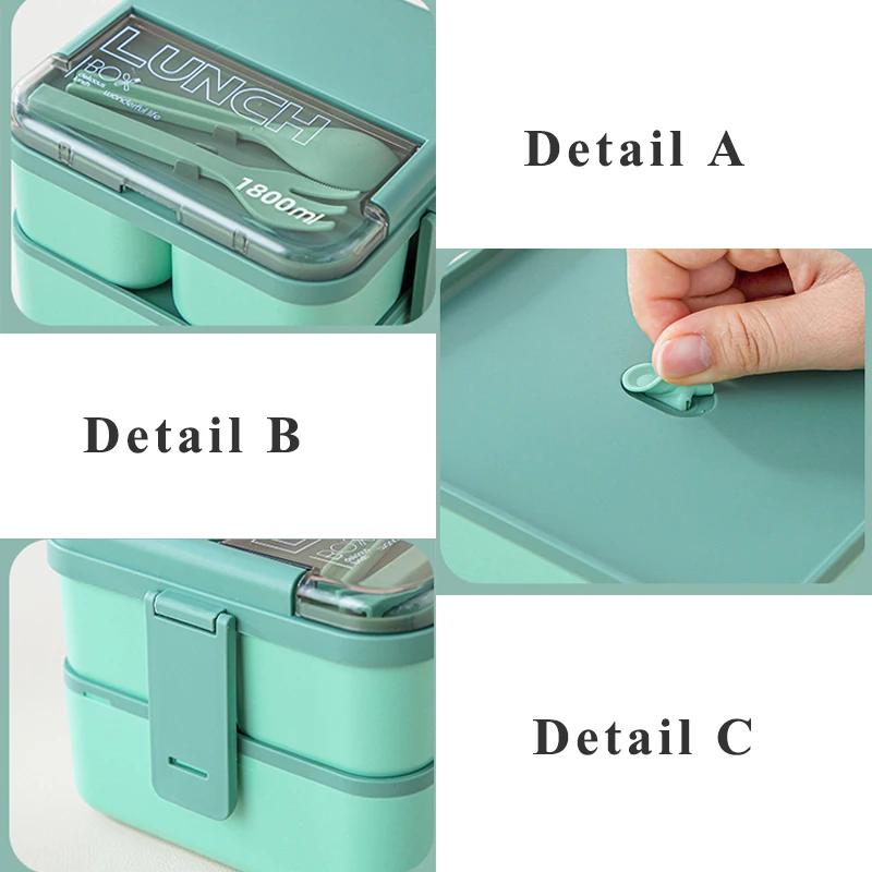2 Layer Portable Leakproof Snack Lunch Bento Box Food Storage Container Office Kid Student Microwave Dinnerware Fork Spoon Set