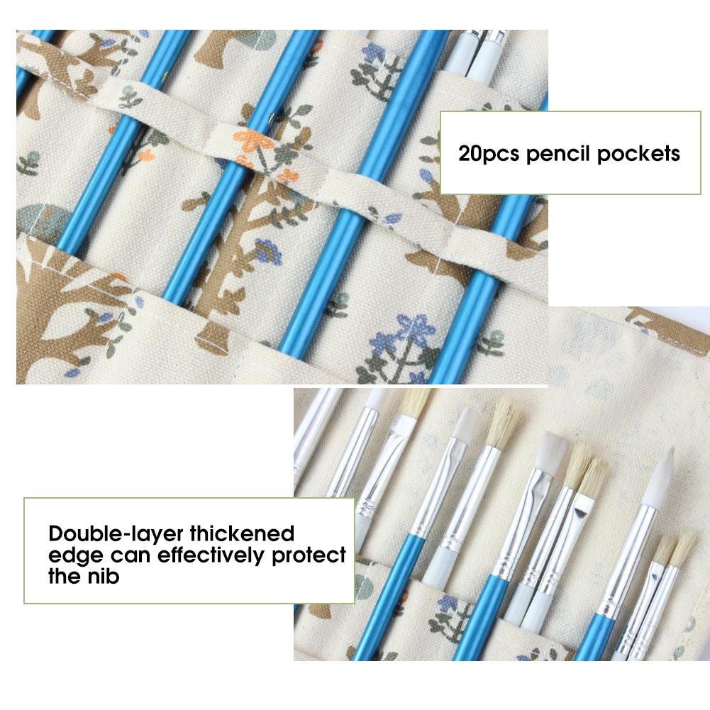 Pencil Roll Canvas 20 Holes Large Capacity Painting Brush Storage Bag Art Supplies