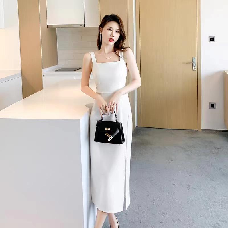 New strap skirt summer temperament thin suspender dress women's summer inner wear medium and long split black