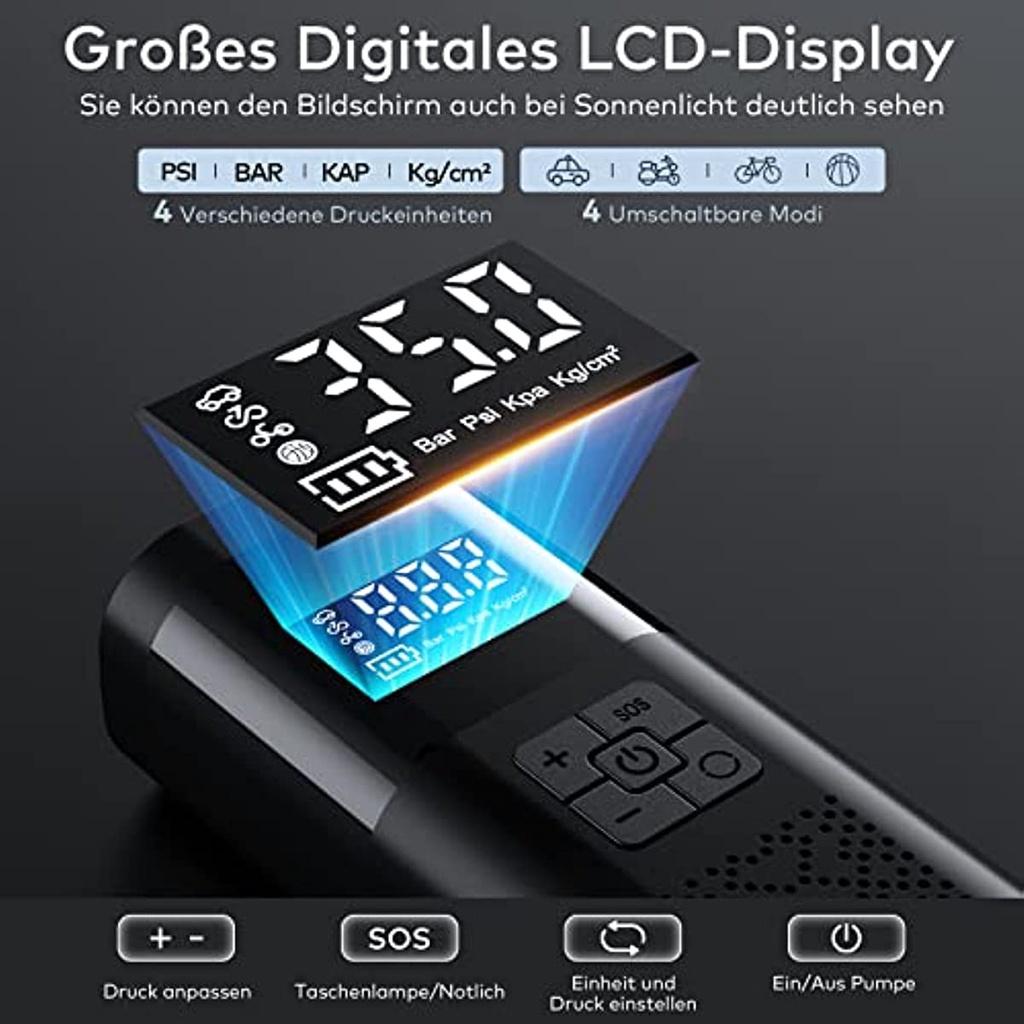 Elektryczna pompka powietrza z baterią 6000 mAh 150 Psi przenośna pompka rowerowa do wszystkich zaworów z cyfrowym wyświetlaczem LCD i światłem LED Mini kompresor do roweru