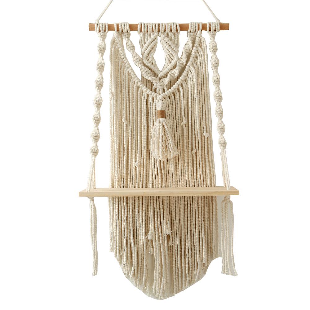 Handmade Tassel Macrame Tapestry Wall Hanging Shelf Boho Cotton Rope Woven Plant Hanger Wood Floating Shelf Wall Decoration