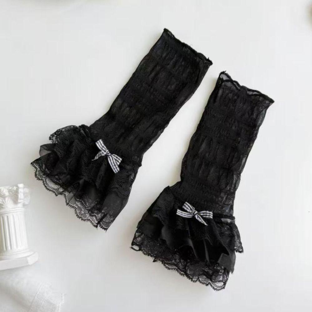 1 Pair Thin Lace Lace Arm Sleeves Bowknot Design Breathable Sun Protection Sleeves Lace Fingerless Gloves Fashion Accessory чёрный