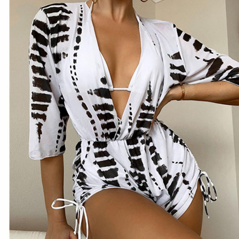 Long Sleeve Mesh Waist Swimsuit High Waist Printed Drawstring Three-piece Bikini S