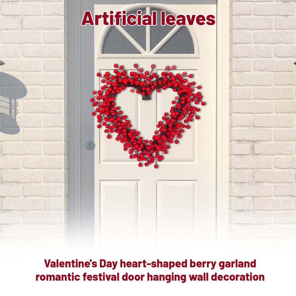 3D 40cm Valentine's Day Heart-Shaped Berry Wreath, Holiday Door Hanging Wall Decoration, Artificial Flowers, Indoor Fireplace Decoration