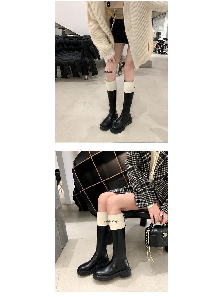 Su Yinyin Style Colorblock Round Toe Thick Sole Back Zipper Women's Riding Boots