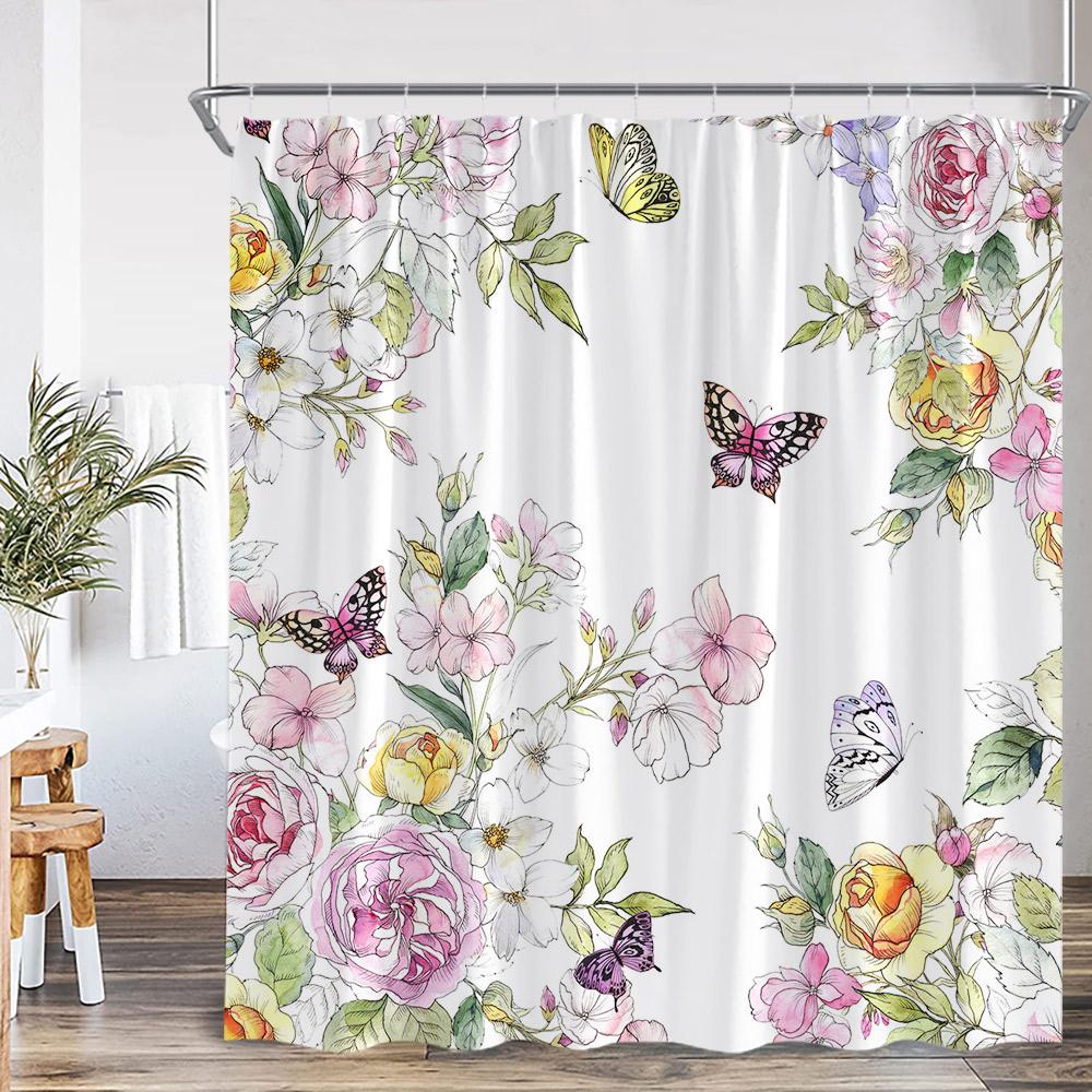 

Farmhouse Floral Shower Curtain Flower Plant Farm Countryside Bathroom Decoration Plant Rustic Polyester Bath Curtain with Hook 90x180cm-35x70in