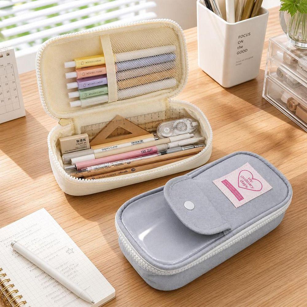 Large Capacity Pencil Case Transparent Window Stationery Storage Bag Vintage Pencil Bag