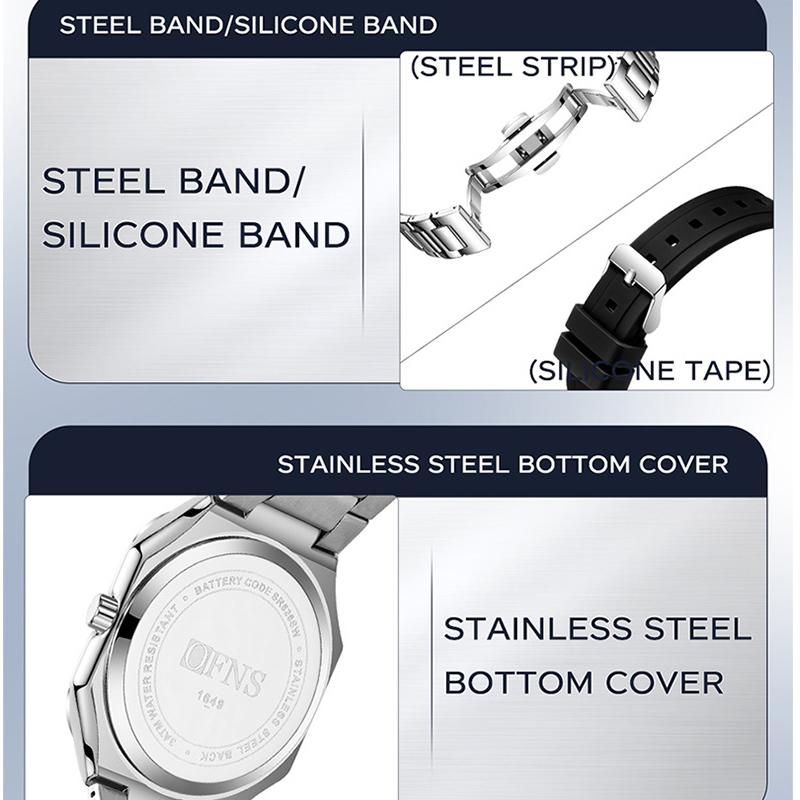 Men's Multifunction Watch Square Dial Classic Fashion Style Luminous Waterproof Steel/Silicone Strap Quartz Wristwatch Male